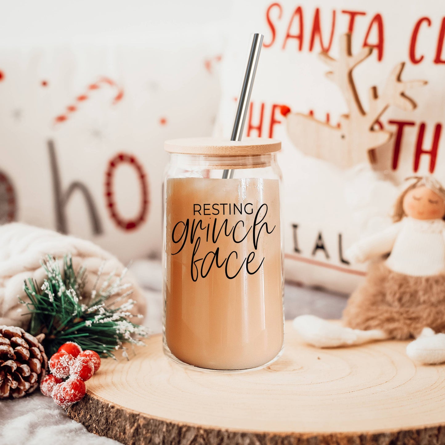 Funny Christmas Coffee Mugs, Glass Cups With Lid & Straw Set: Messy Bun-BLACK