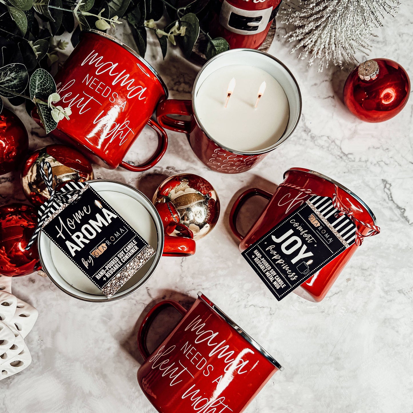 Candle Gifts for Christmas, Red Metal Mug Soy Candles 16oz: Holiday Sensation / Mama Needs a Silent Night