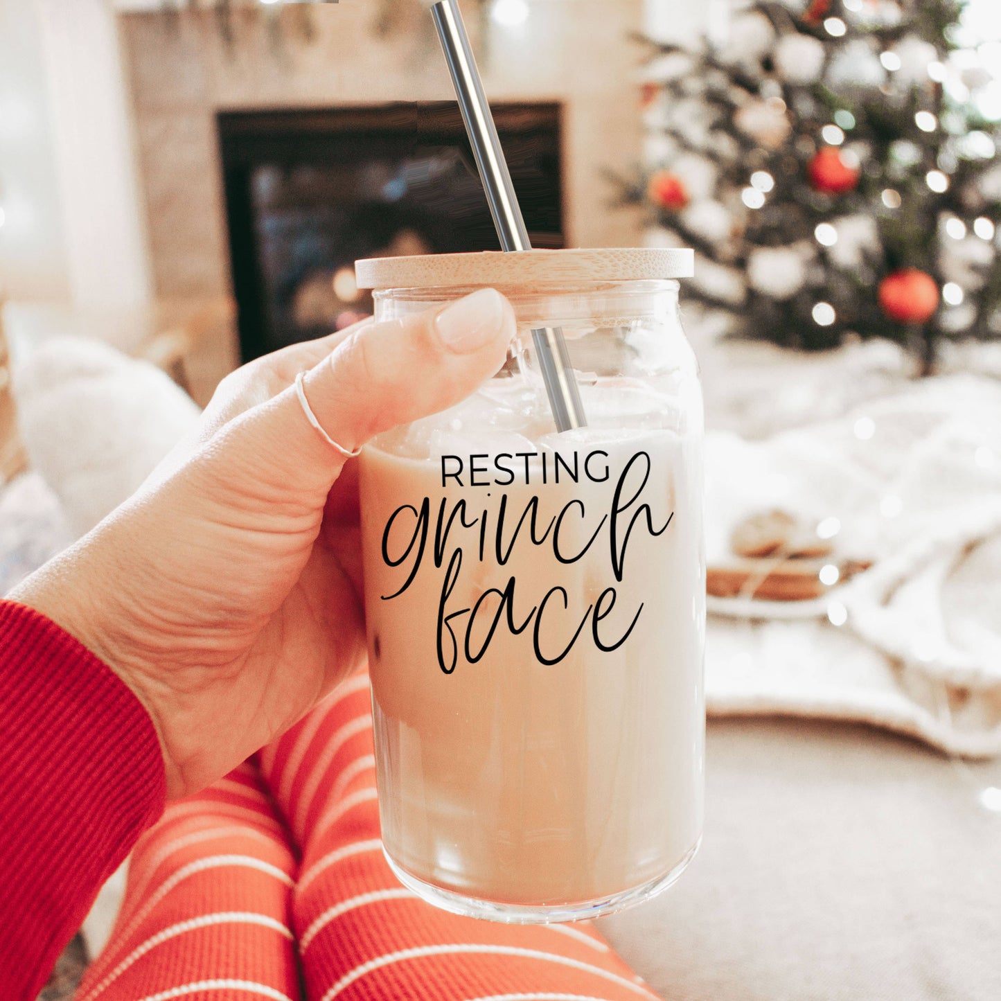 Funny Christmas Coffee Mugs, Glass Cups With Lid & Straw Set: Messy Bun-BLACK