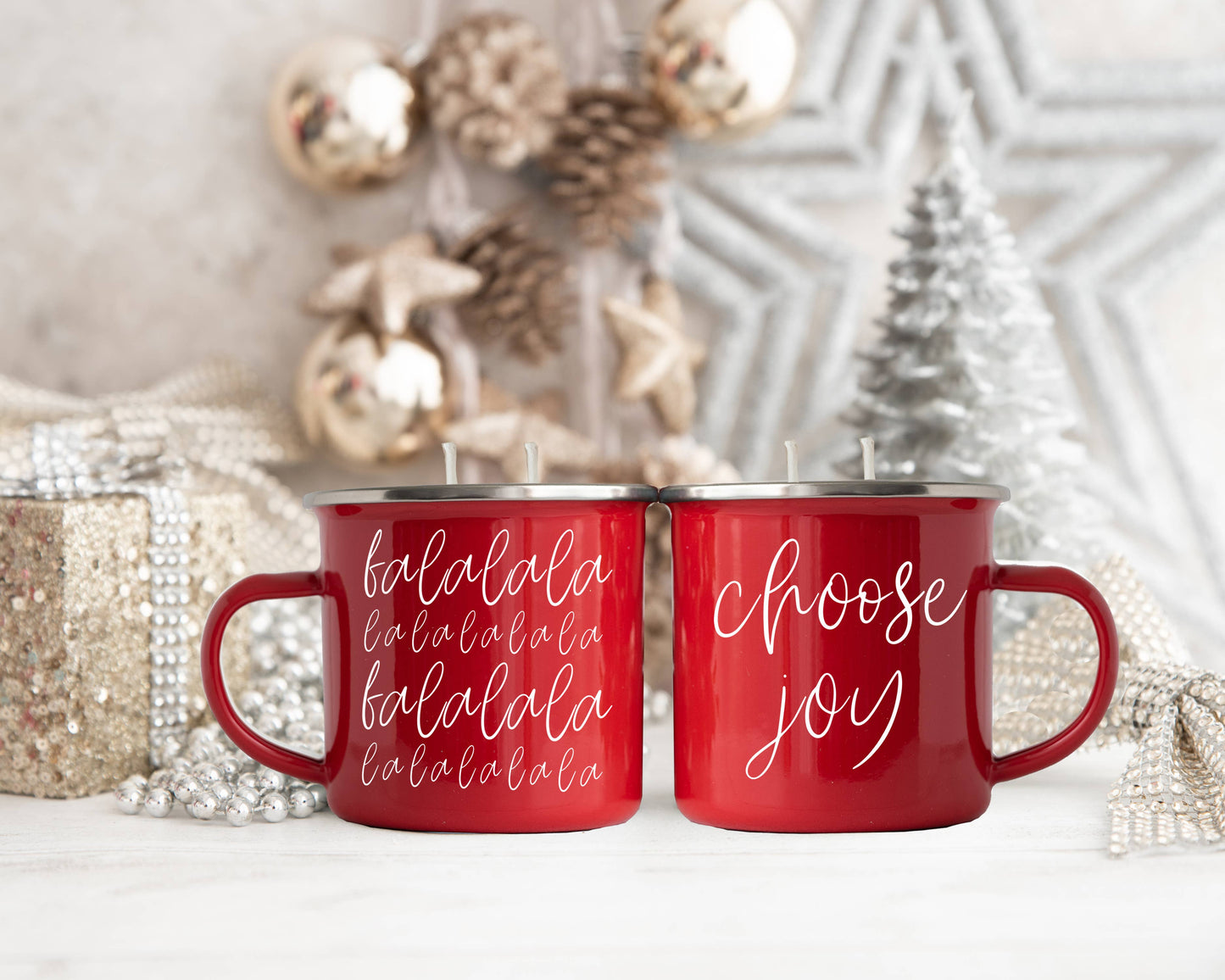 Candle Gifts for Christmas, Red Metal Mug Soy Candles 16oz: Holiday Sensation / Mama Needs a Silent Night