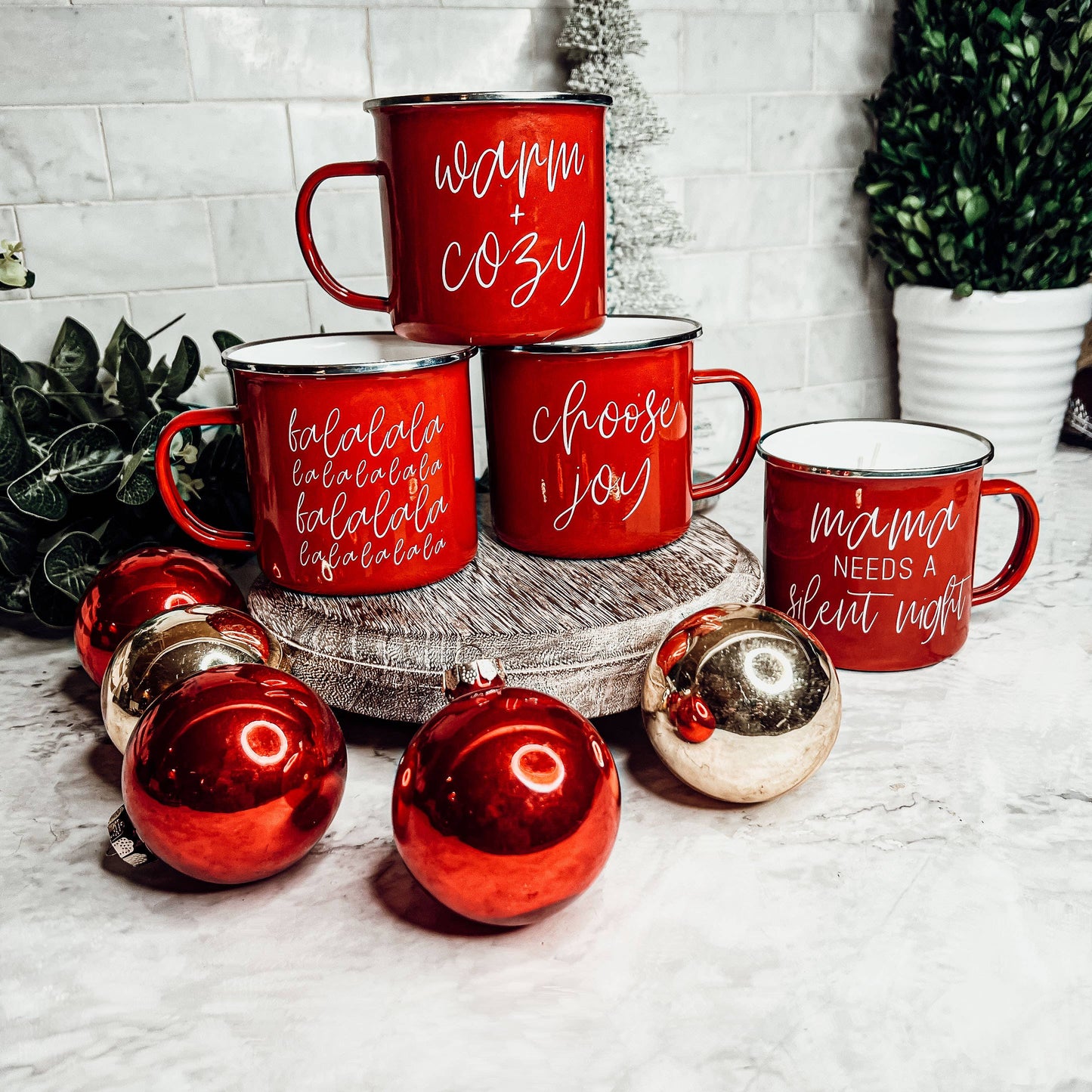 Candle Gifts for Christmas, Red Metal Mug Soy Candles 16oz: Holiday Sensation / Mama Needs a Silent Night