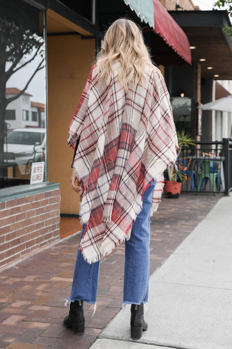 Lightweight Plaid Ruana: Lavender/Red