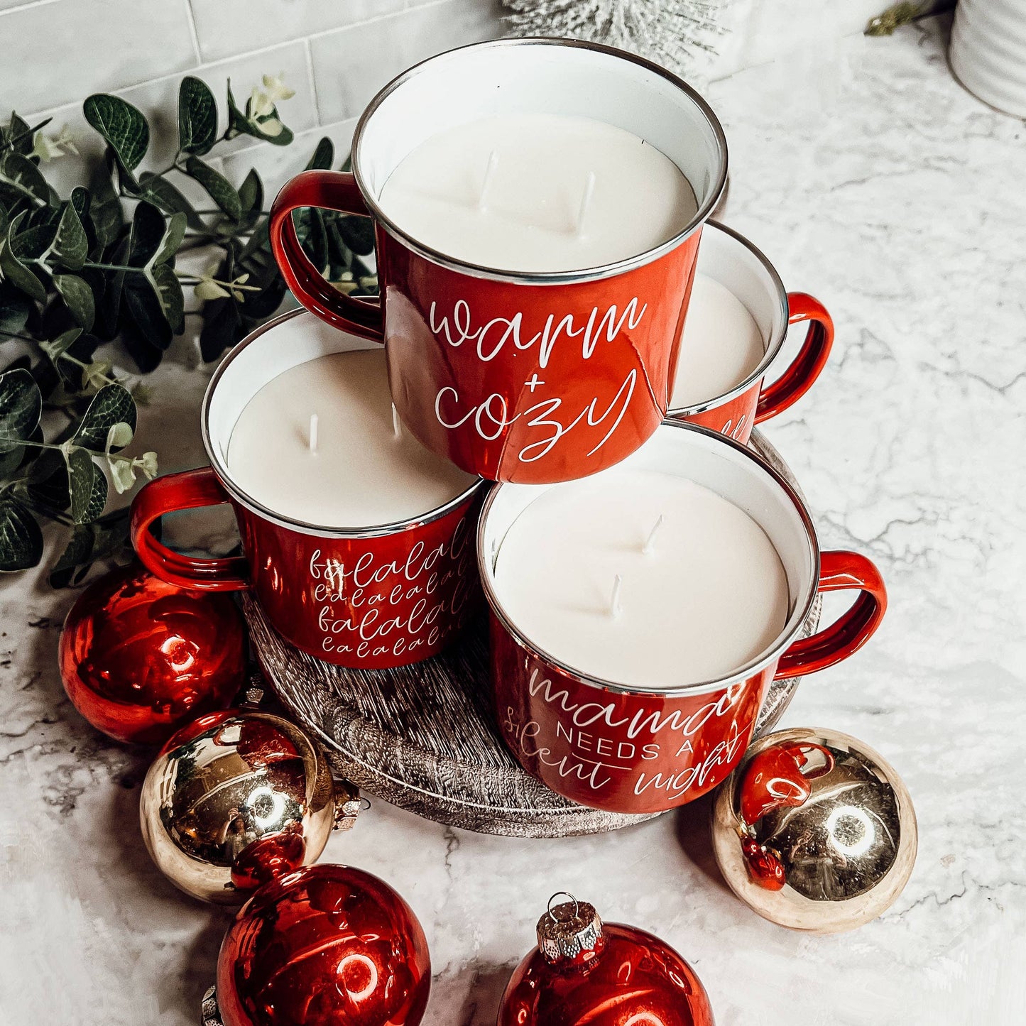 Candle Gifts for Christmas, Red Metal Mug Soy Candles 16oz: Modern Christmas / Mama Needs a Silent Night