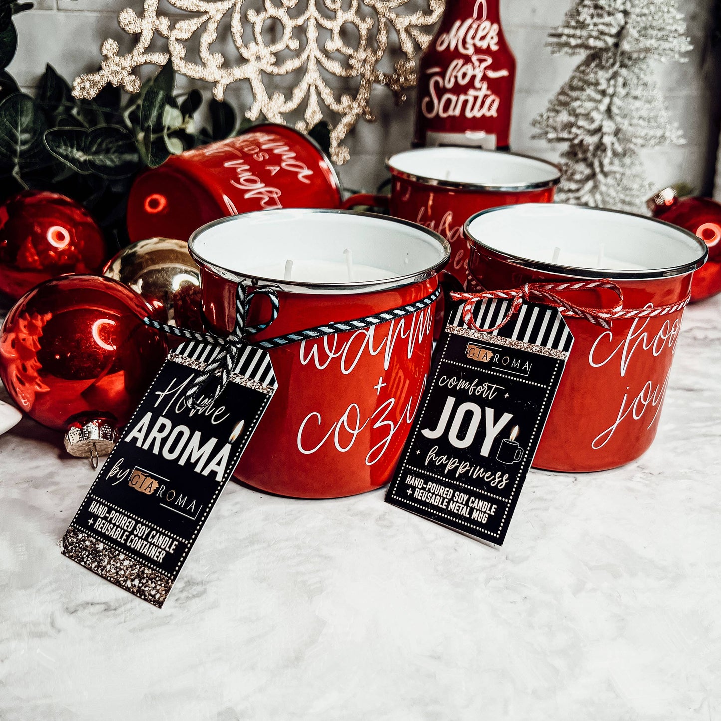 Candle Gifts for Christmas, Red Metal Mug Soy Candles 16oz: Holiday Sensation / Mama Needs a Silent Night