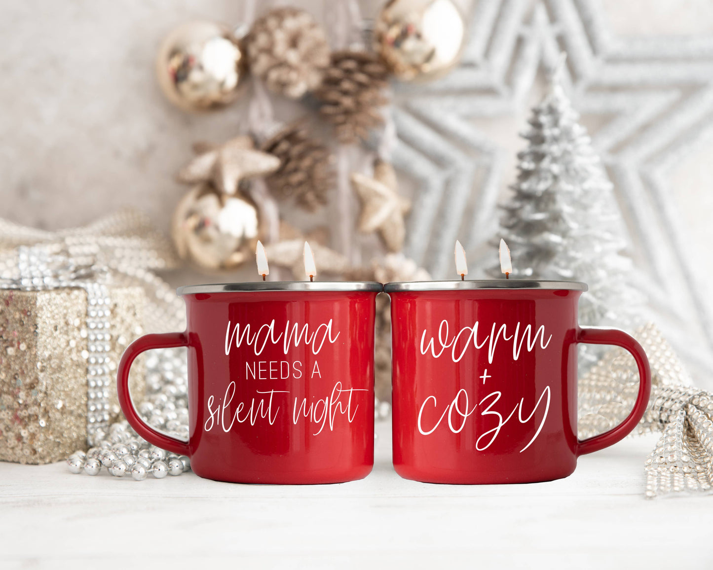 Candle Gifts for Christmas, Red Metal Mug Soy Candles 16oz: Holiday Sensation / Mama Needs a Silent Night