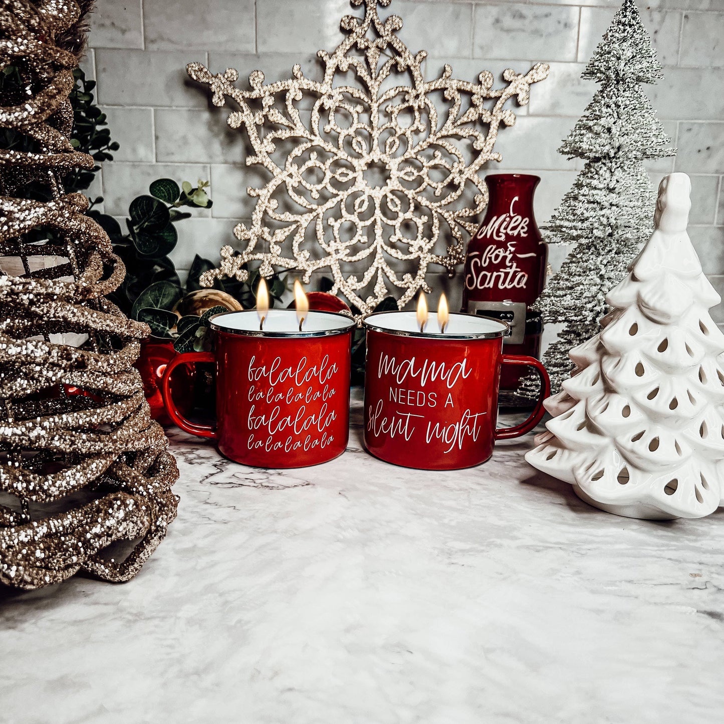 Candle Gifts for Christmas, Red Metal Mug Soy Candles 16oz: Modern Christmas / Mama Needs a Silent Night