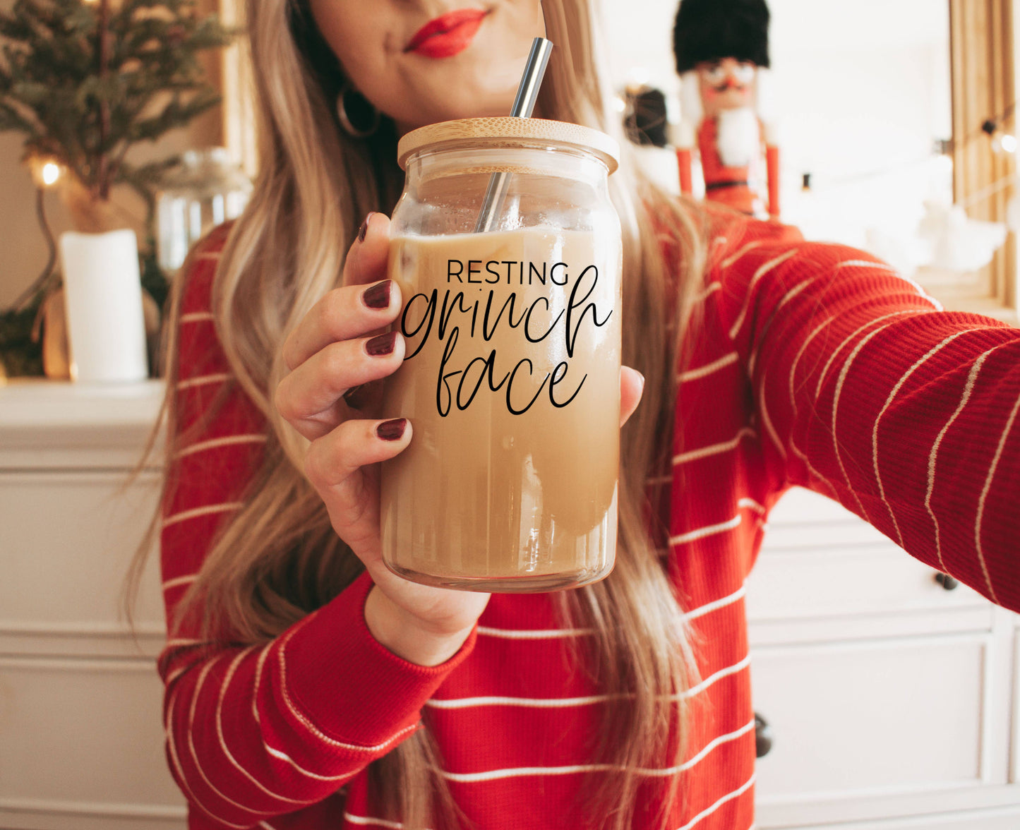 Funny Christmas Coffee Mugs, Glass Cups With Lid & Straw Set: Messy Bun-BLACK