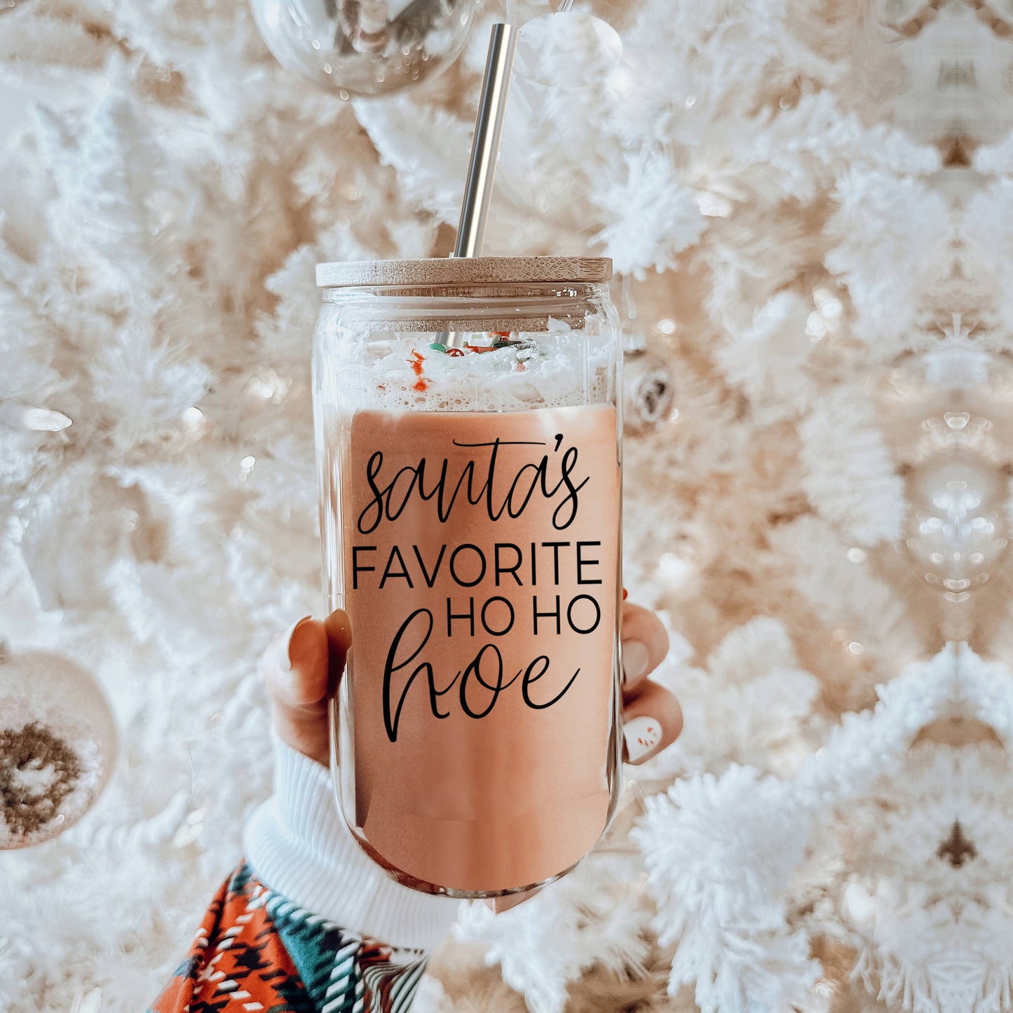 Funny Christmas Coffee Mugs, Glass Cups With Lid & Straw Set: Messy Bun-BLACK