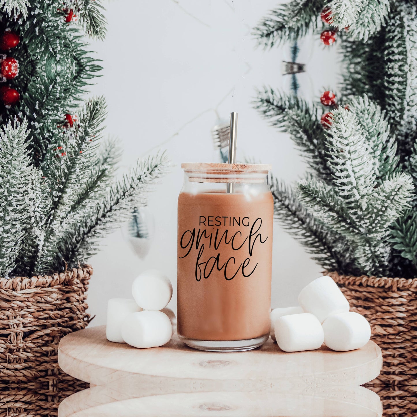 Funny Christmas Coffee Mugs, Glass Cups With Lid & Straw Set: Messy Bun-BLACK