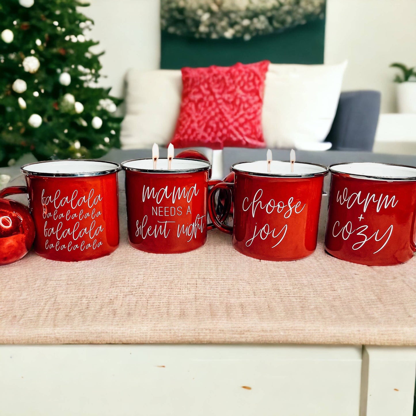 Candle Gifts for Christmas, Red Metal Mug Soy Candles 16oz: Holiday Sensation / Mama Needs a Silent Night