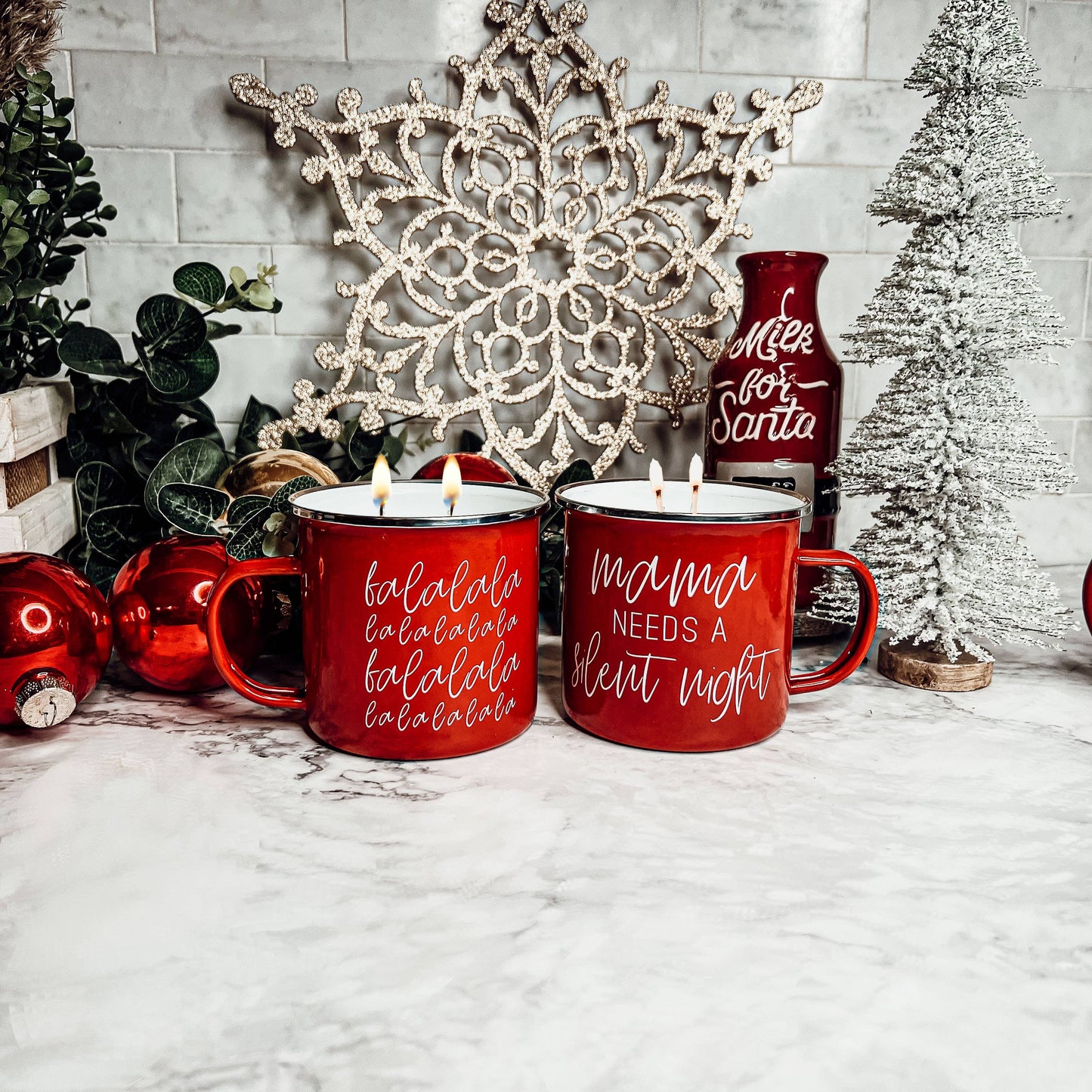 Candle Gifts for Christmas, Red Metal Mug Soy Candles 16oz: Holiday Sensation / Mama Needs a Silent Night