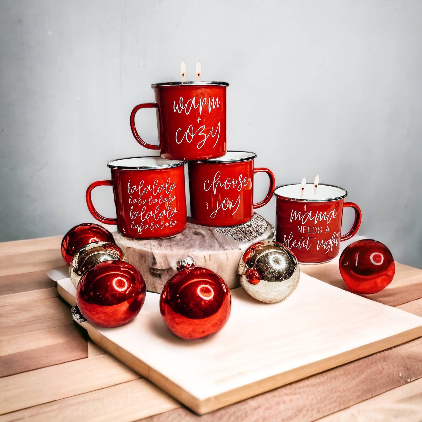 Candle Gifts for Christmas, Red Metal Mug Soy Candles 16oz: Holiday Sensation / Mama Needs a Silent Night