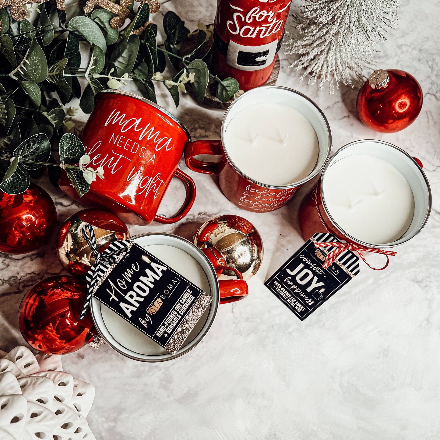 Candle Gifts for Christmas, Red Metal Mug Soy Candles 16oz: Holiday Sensation / Mama Needs a Silent Night