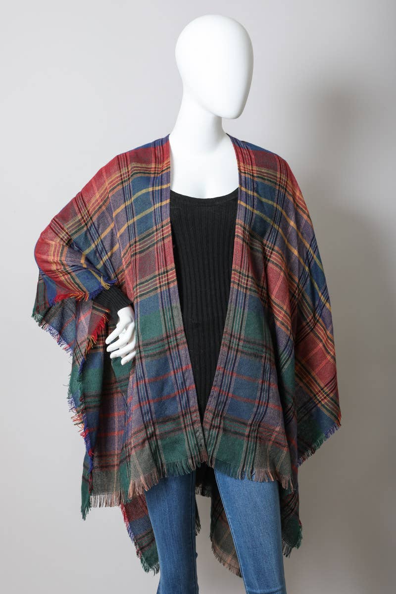 Lightweight Plaid Ruana: Lavender/Red