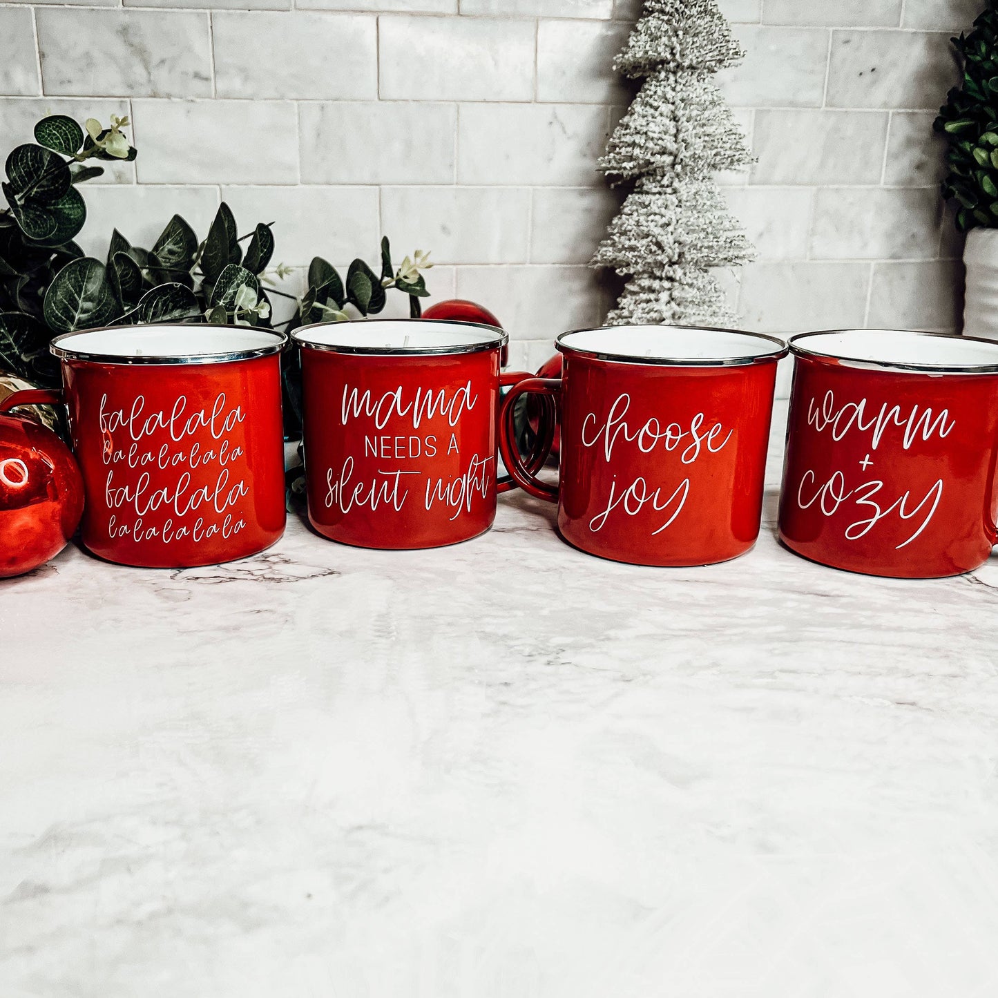 Candle Gifts for Christmas, Red Metal Mug Soy Candles 16oz: Modern Christmas / Mama Needs a Silent Night