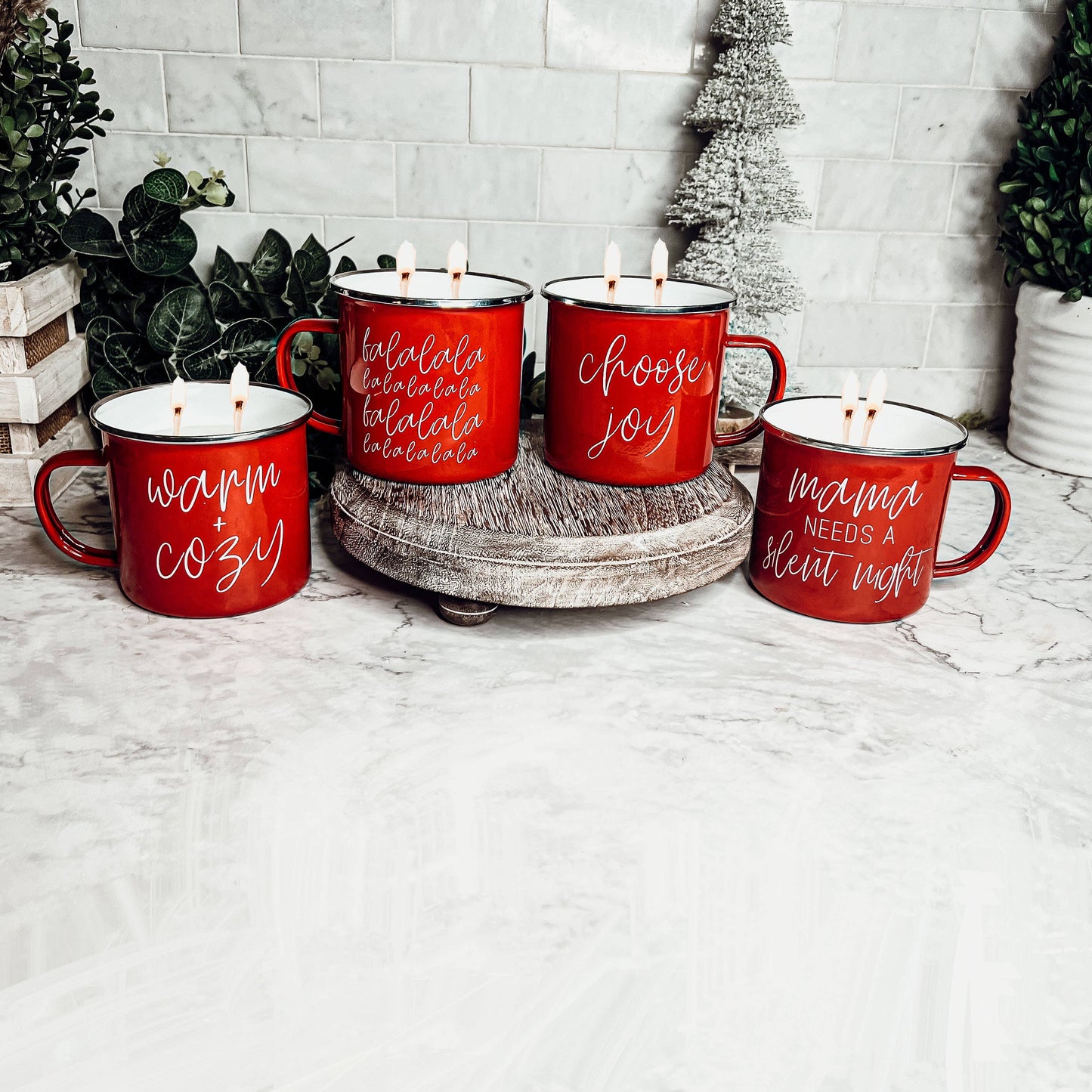 Candle Gifts for Christmas, Red Metal Mug Soy Candles 16oz: Holiday Sensation / Mama Needs a Silent Night