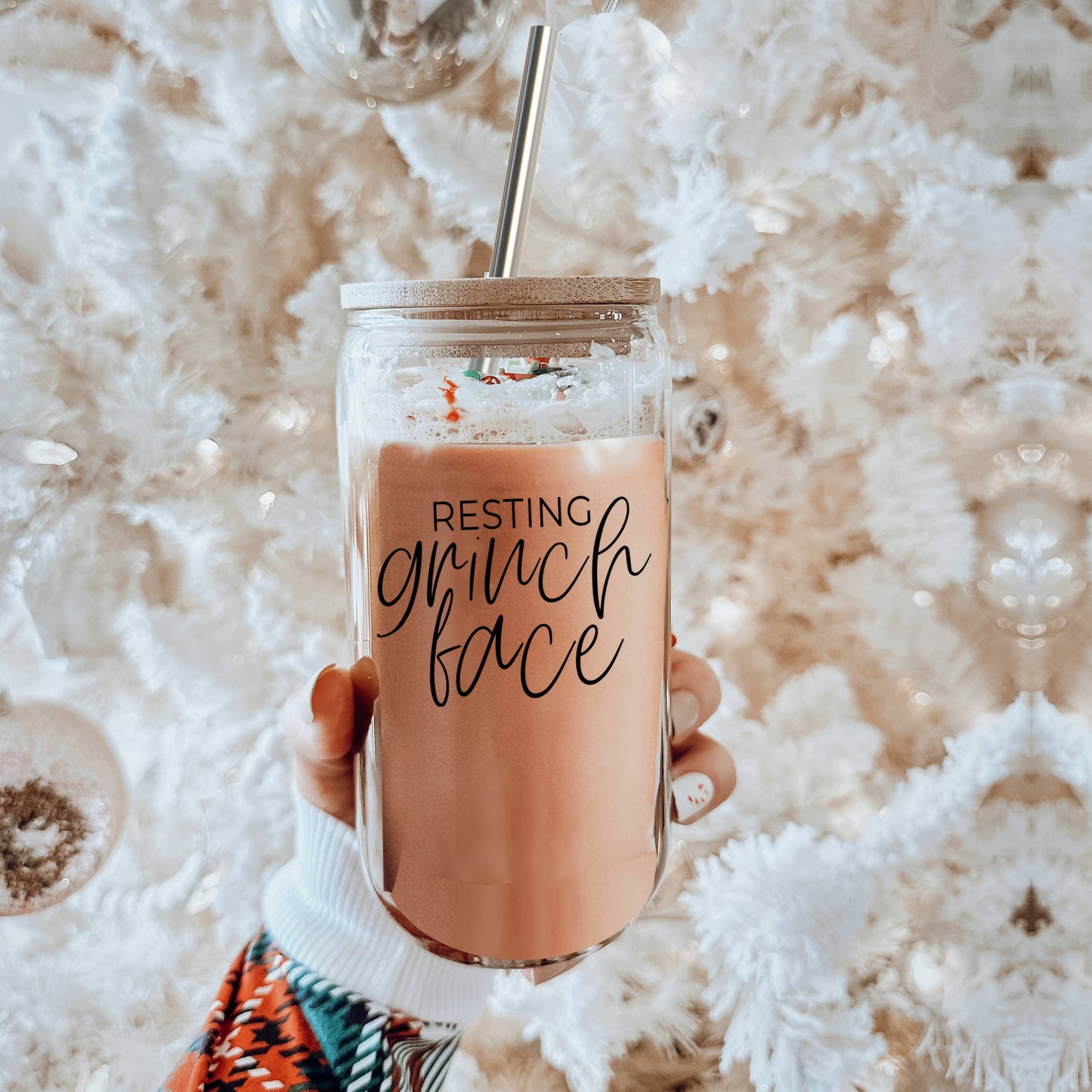 Funny Christmas Coffee Mugs, Glass Cups With Lid & Straw Set: Messy Bun-BLACK