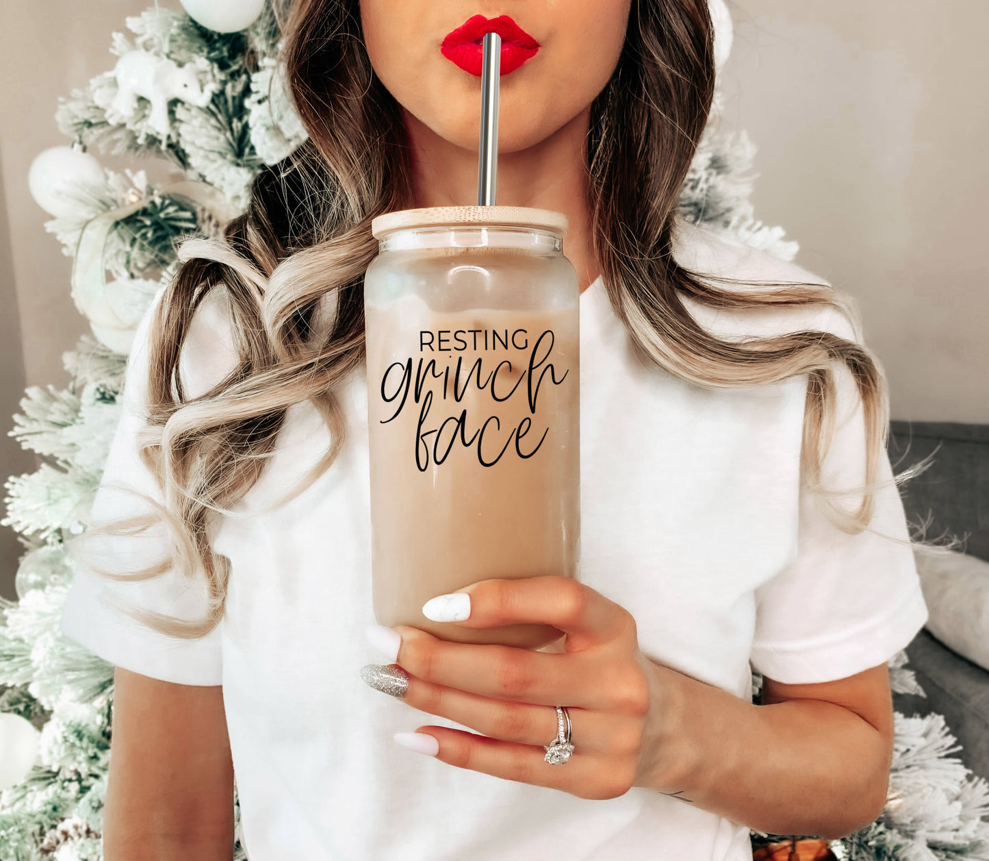 Funny Christmas Coffee Mugs, Glass Cups With Lid & Straw Set: Messy Bun-BLACK
