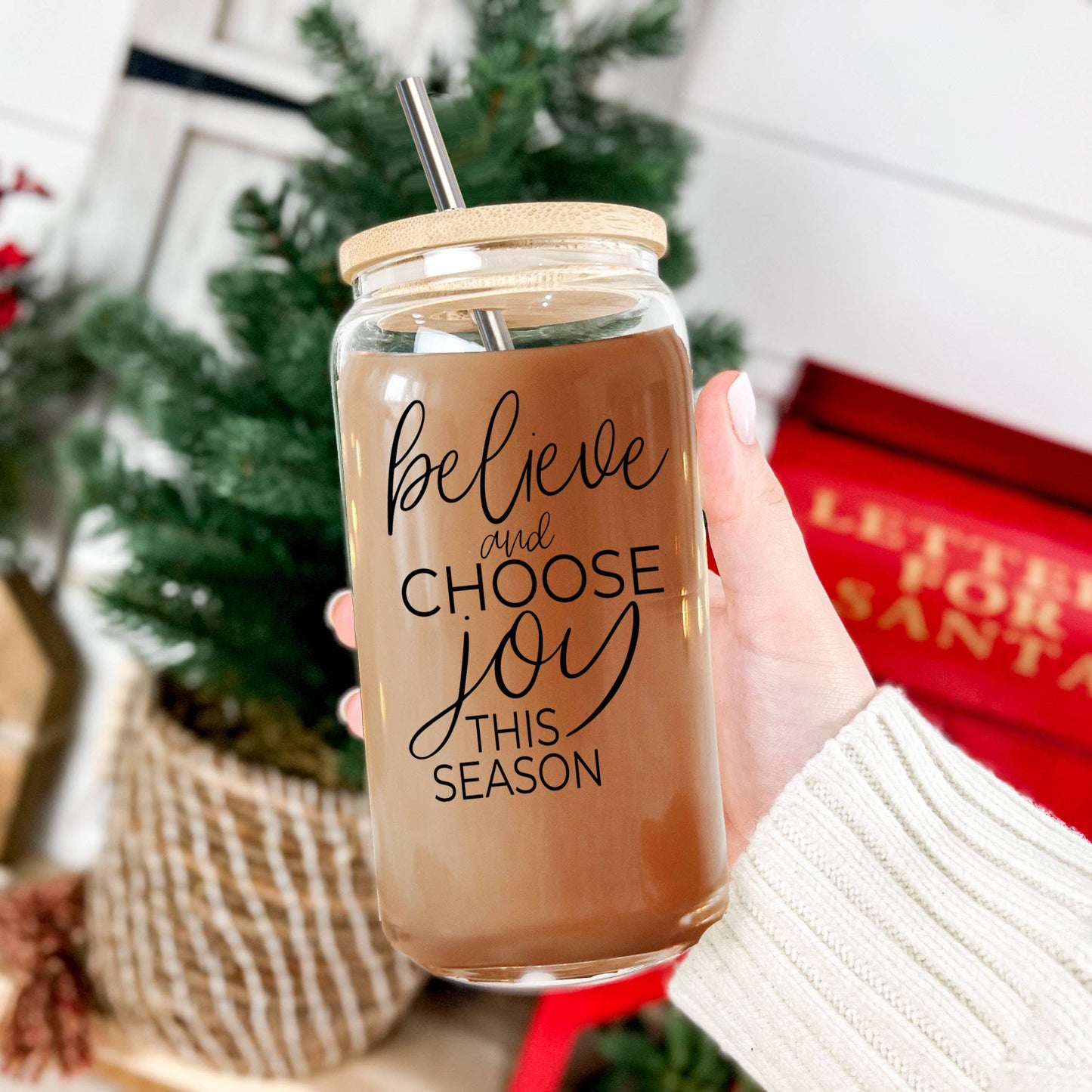 Funny Christmas Coffee Mugs, Glass Cups With Lid & Straw Set: Messy Bun-BLACK
