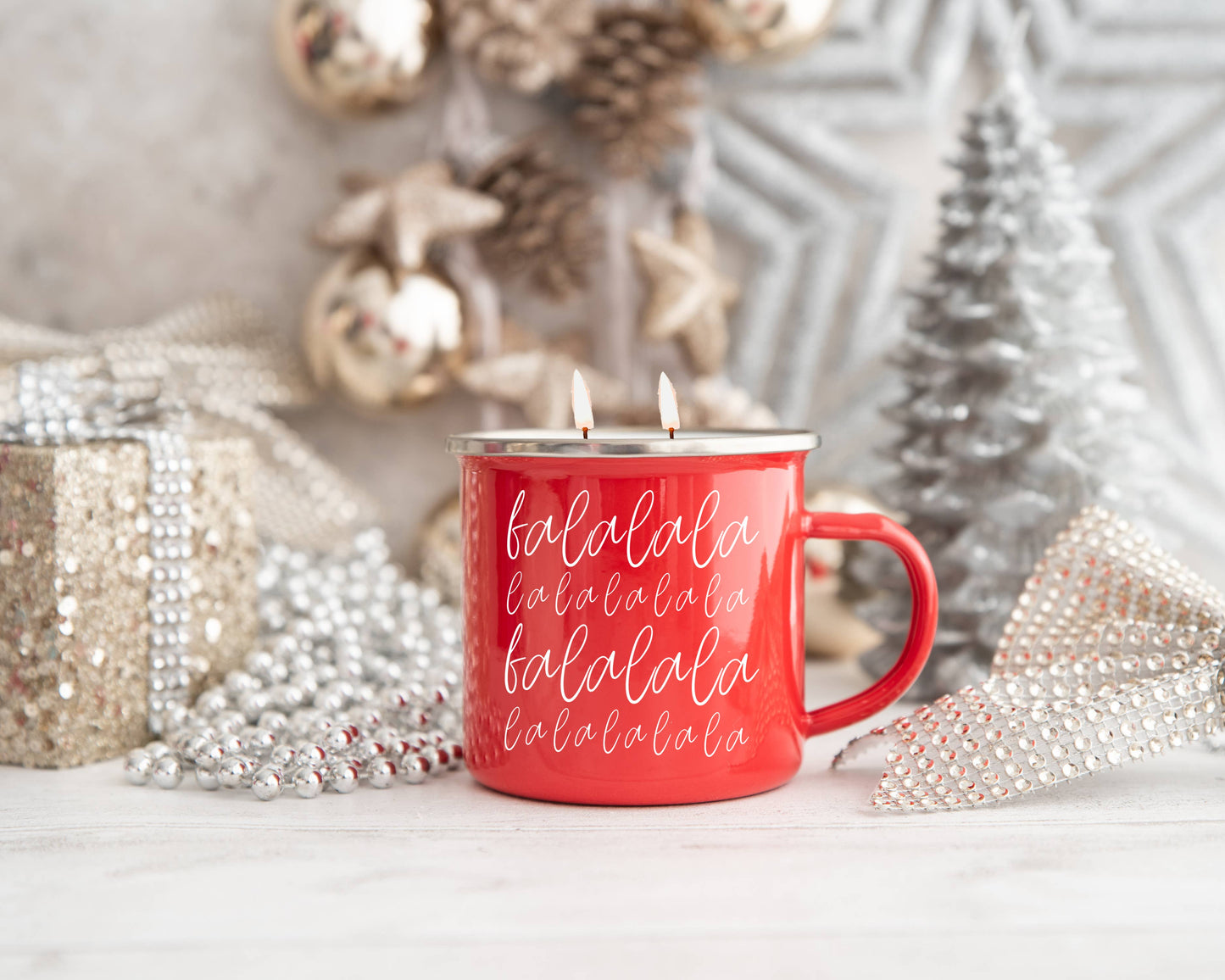 Candle Gifts for Christmas, Red Metal Mug Soy Candles 16oz: Holiday Sensation / Mama Needs a Silent Night
