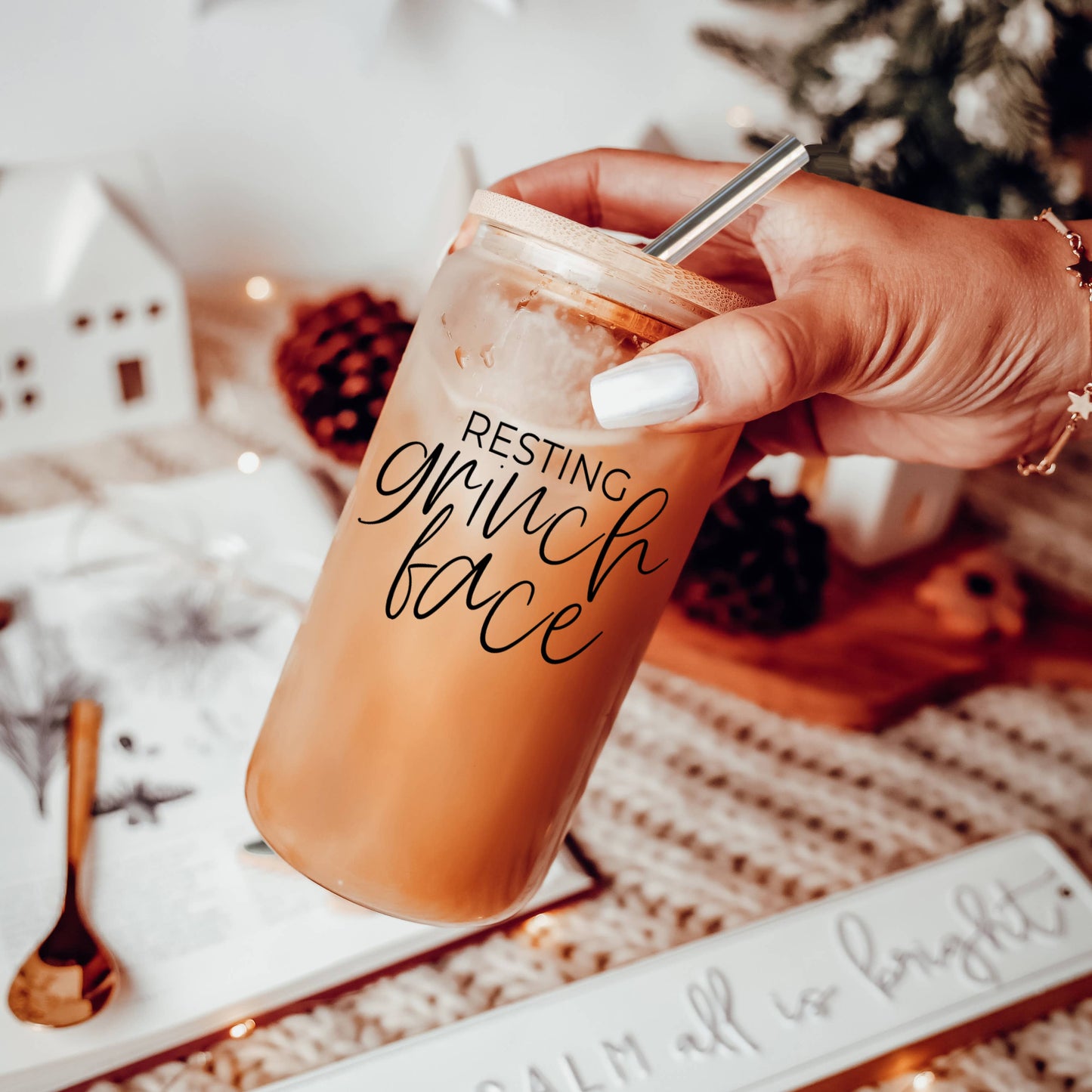 Funny Christmas Coffee Mugs, Glass Cups With Lid & Straw Set: Messy Bun-BLACK