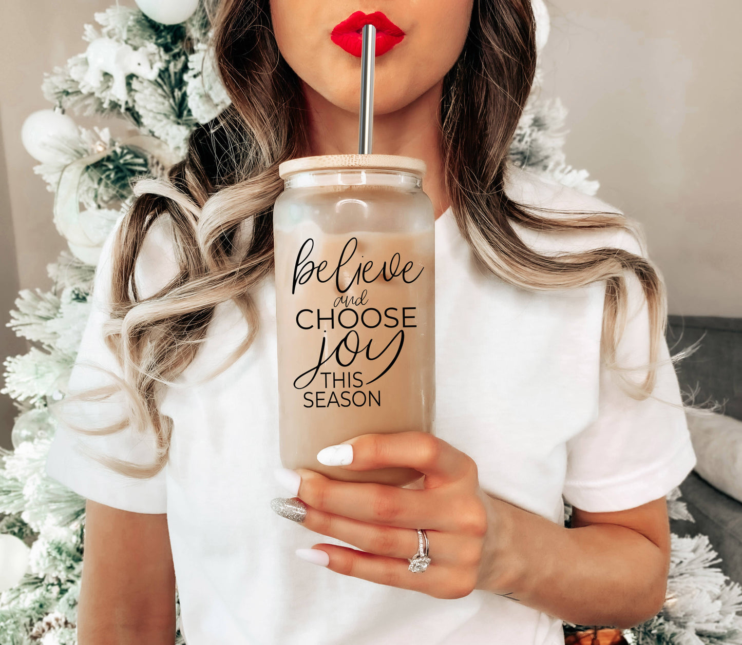 Funny Christmas Coffee Mugs, Glass Cups With Lid & Straw Set: Messy Bun-BLACK