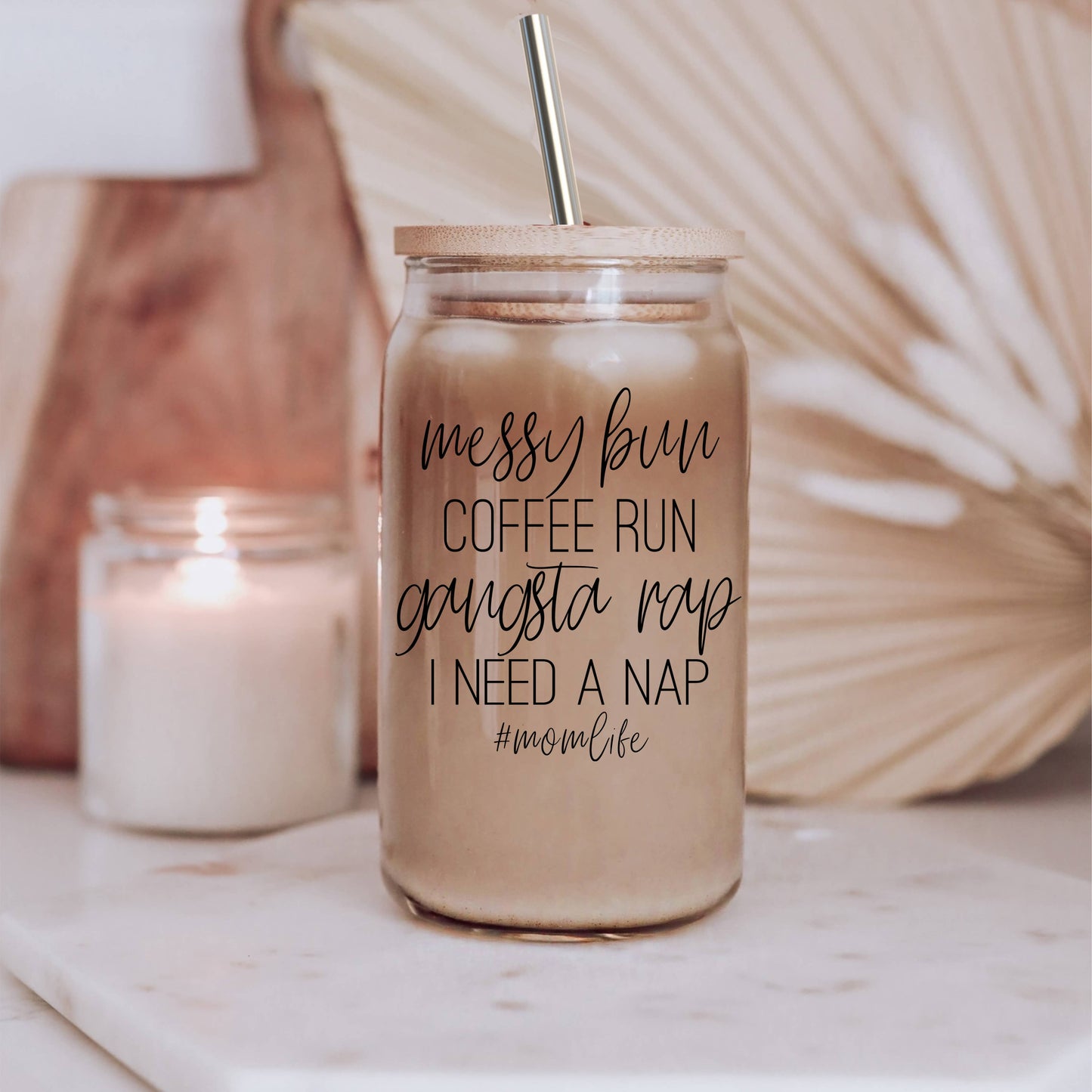 Funny Christmas Coffee Mugs, Glass Cups With Lid & Straw Set: Messy Bun-BLACK