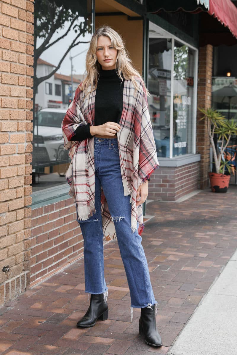 Lightweight Plaid Ruana: Lavender/Red