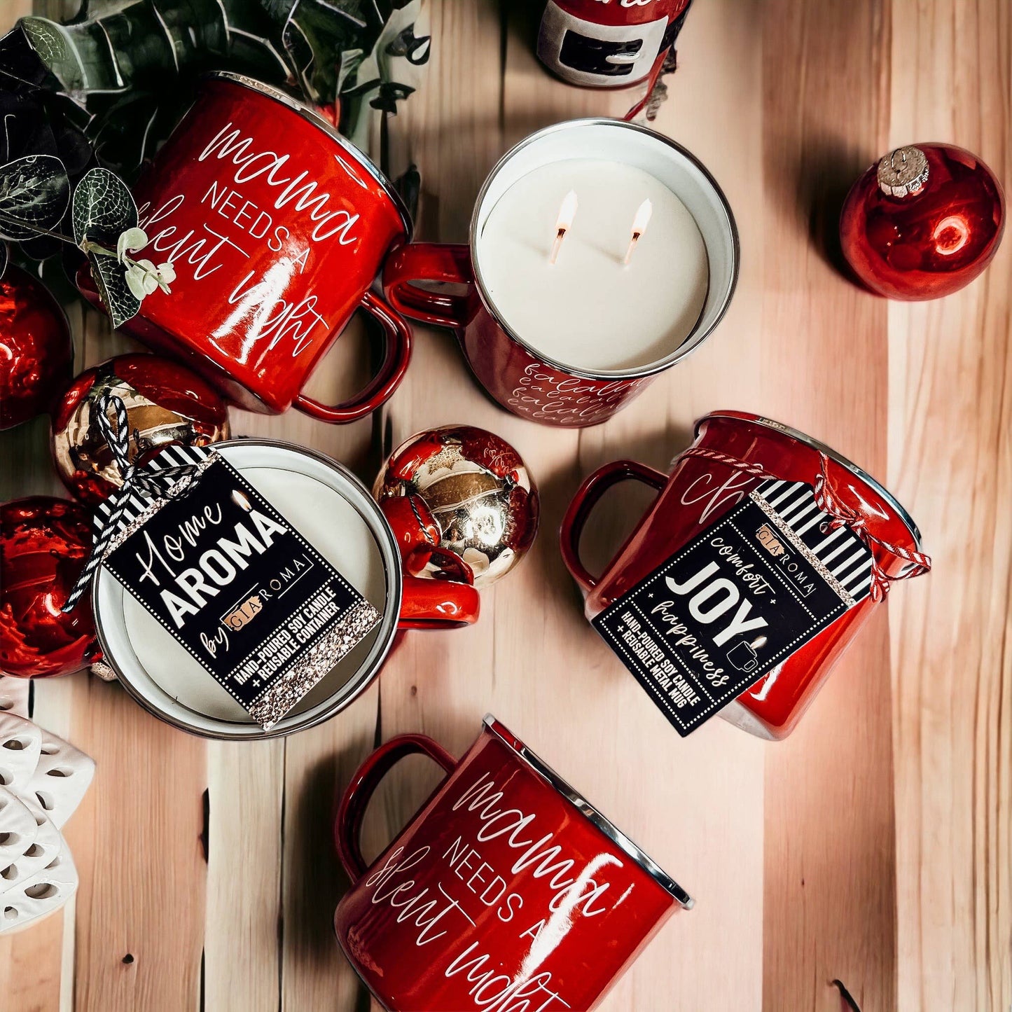 Candle Gifts for Christmas, Red Metal Mug Soy Candles 16oz: Holiday Sensation / Mama Needs a Silent Night