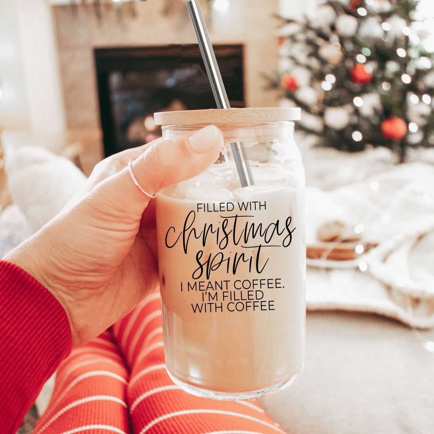 Funny Christmas Coffee Mugs, Glass Cups With Lid & Straw Set: Christmas Spirit