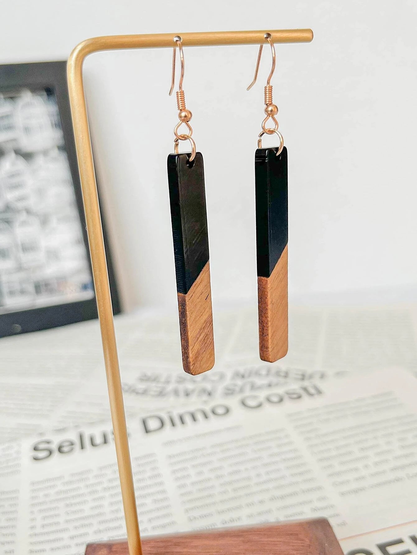 Wood Black Bar Earrings