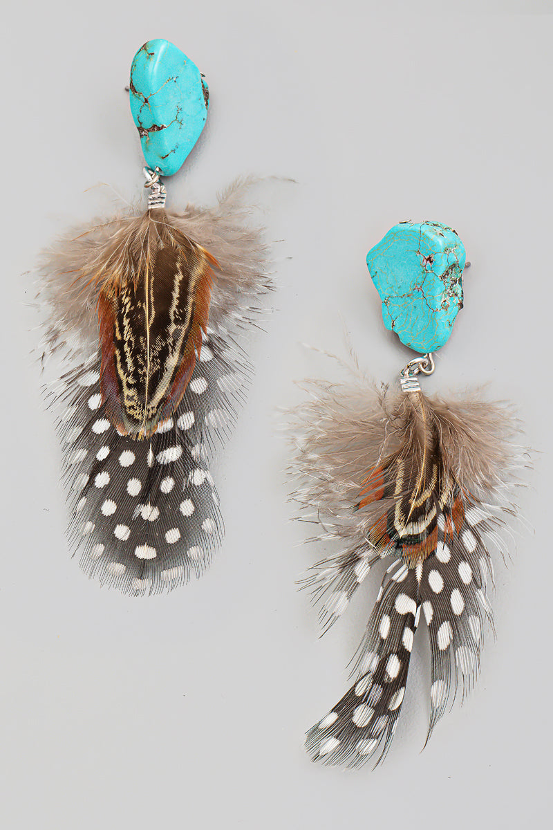 Turquoise Stone & Feather Earrings