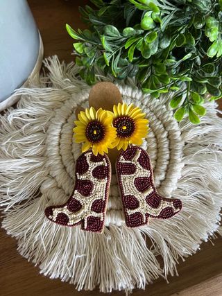 Beaded Sunflower Boots Earrings- Brown