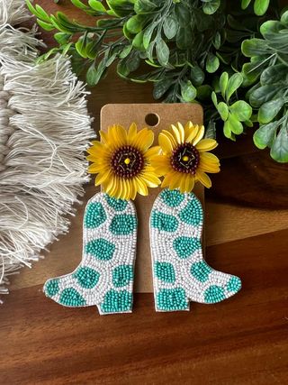 Beaded Sunflower Boots Earrings- Turquoise